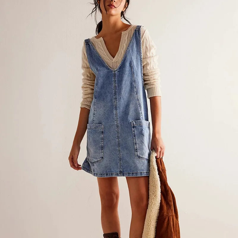 Washed Denim Adjustable Overall Mini Dress