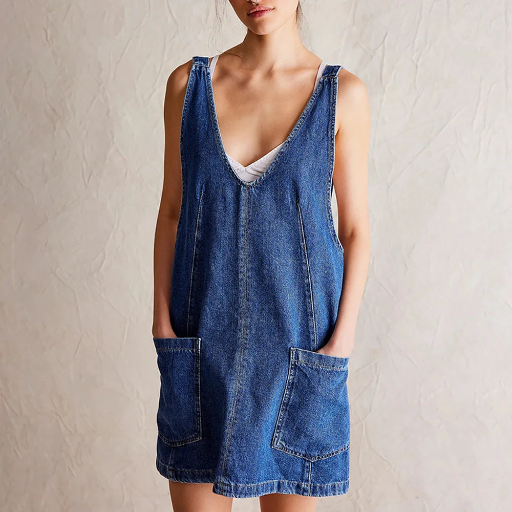 Washed Denim Adjustable Overall Mini Dress