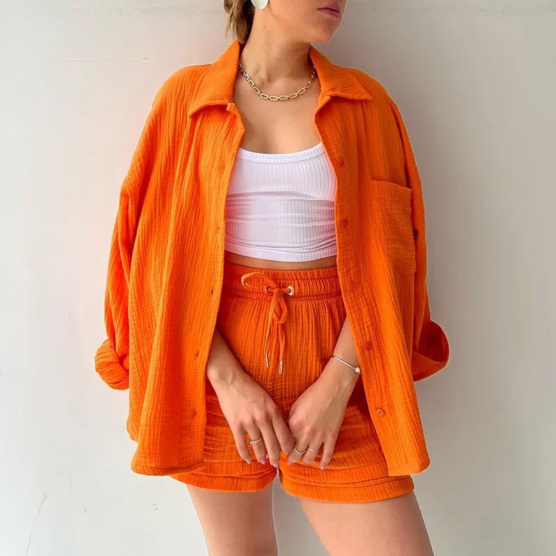 Pleated Shirt & High-Waist Shorts Set