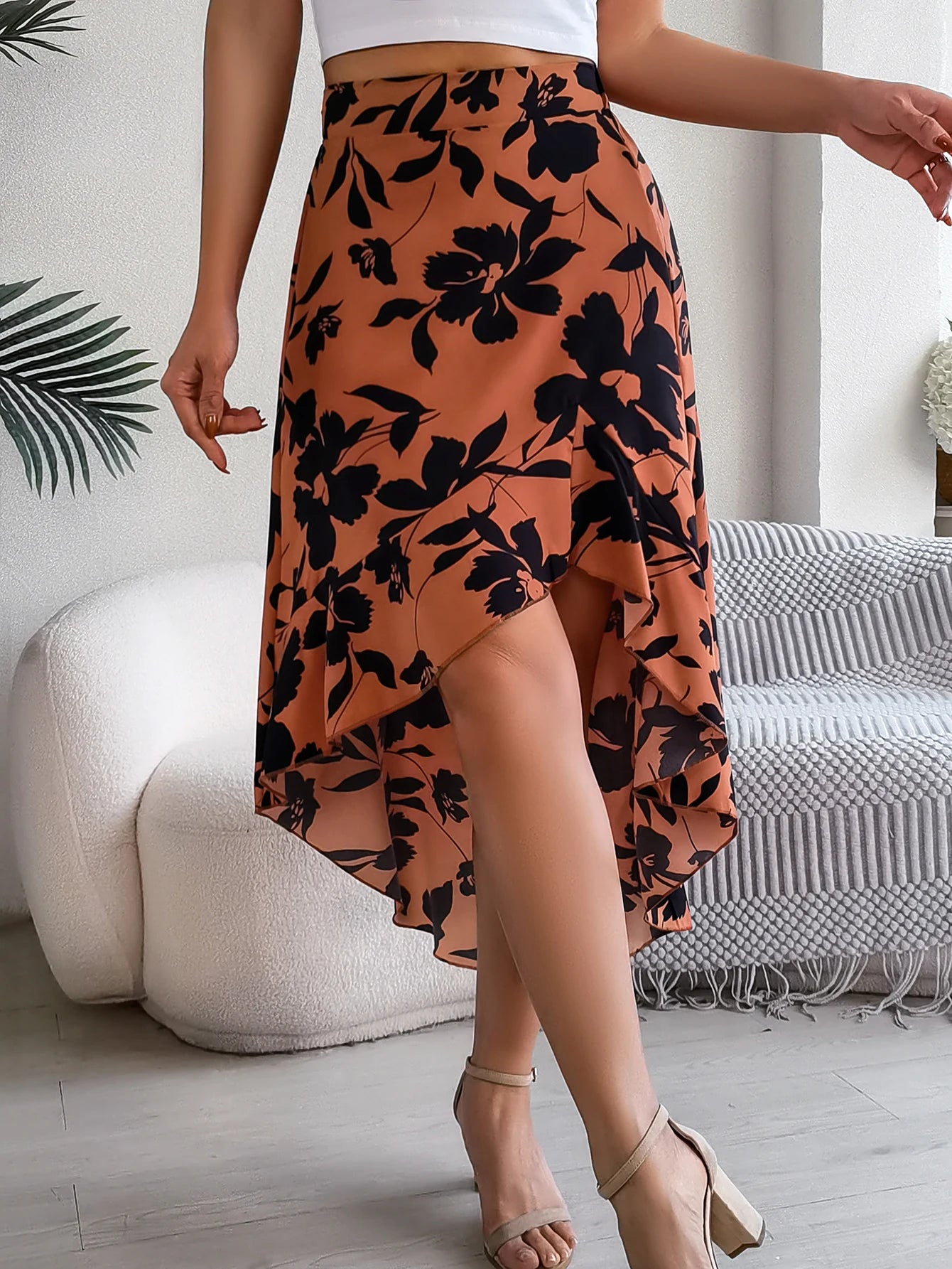 Women’s Floral Ruffle-Hem Midi Skirt