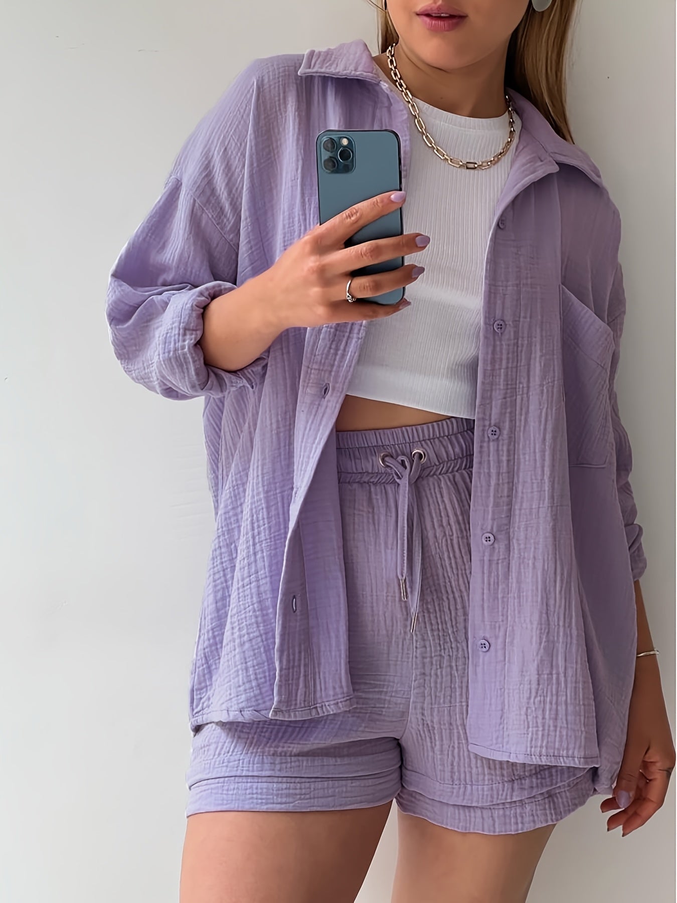 Pleated Shirt & High-Waist Shorts Set