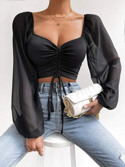 Women’s Mesh Wrap Crop Top with Long Sleeves