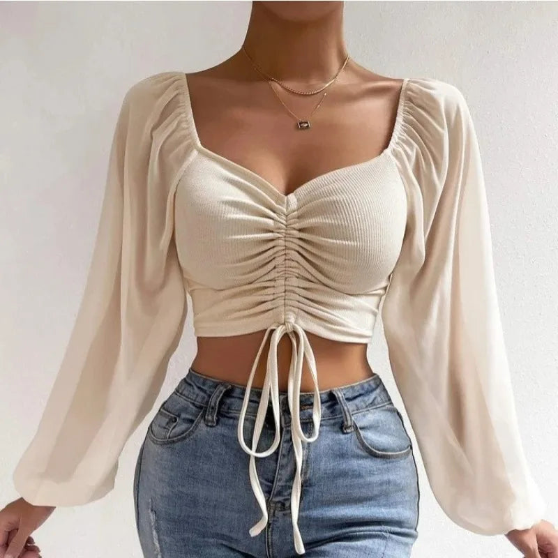 Women’s Mesh Wrap Crop Top with Long Sleeves
