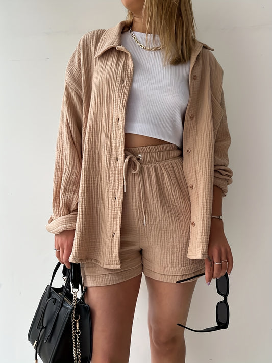 Pleated Shirt & High-Waist Shorts Set